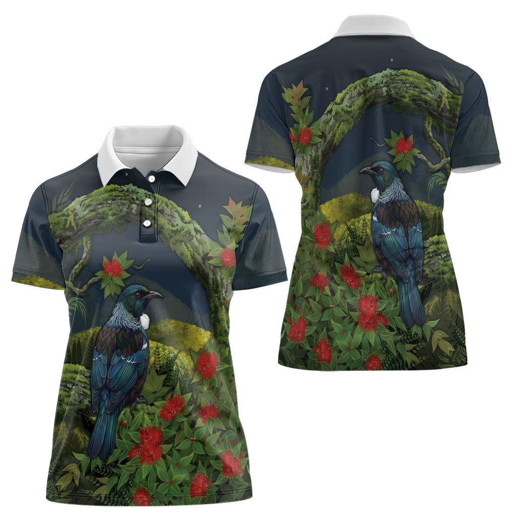 Rongoa Maori New Zealand Rata Women Polo Shirt NZ Tui Bird Forest Vibes