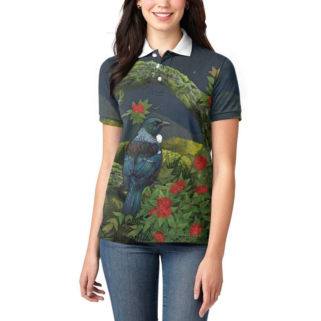 Rongoa Maori New Zealand Rata Women Polo Shirt NZ Tui Bird Forest Vibes