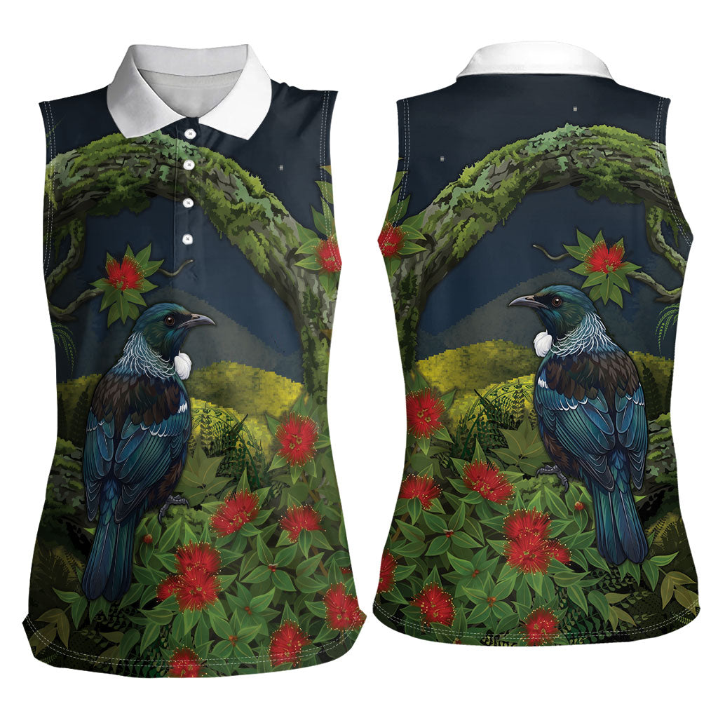 Rongoa Maori New Zealand Rata Women Sleeveless Polo Shirt NZ Tui Bird Forest Vibes