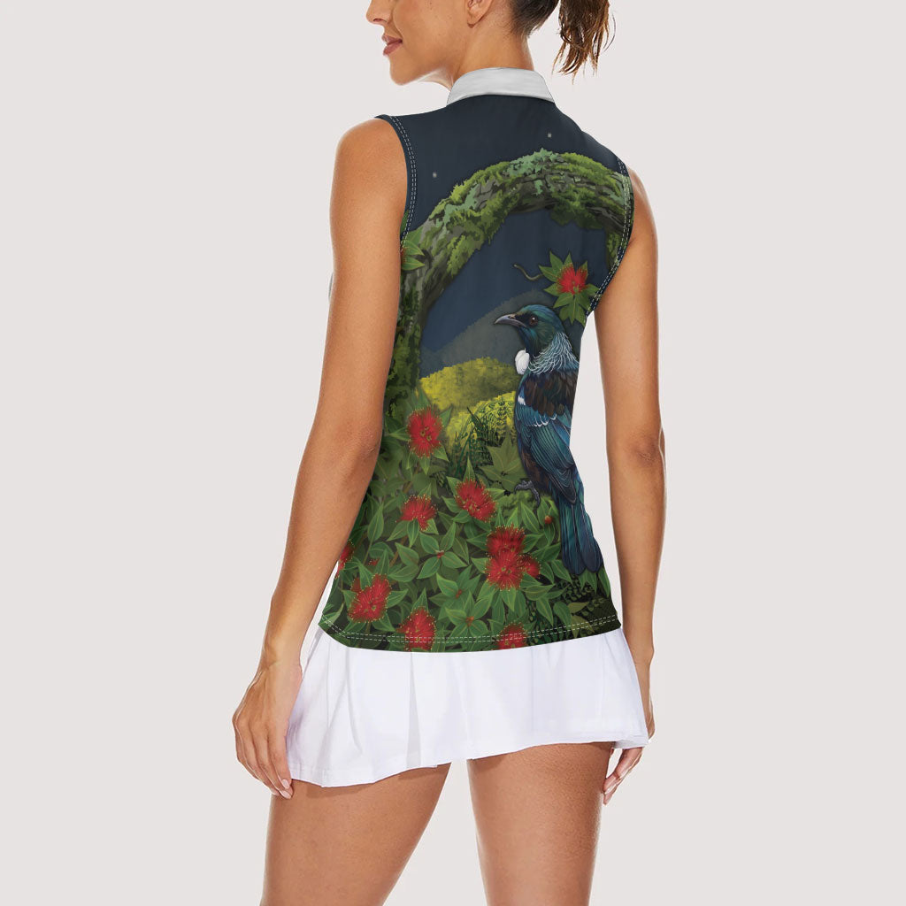 Rongoa Maori New Zealand Rata Women Sleeveless Polo Shirt NZ Tui Bird Forest Vibes