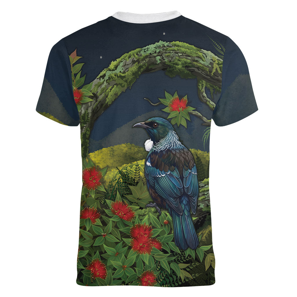 Rongoa Maori New Zealand Rata Women V-Neck T-Shirt NZ Tui Bird Forest Vibes