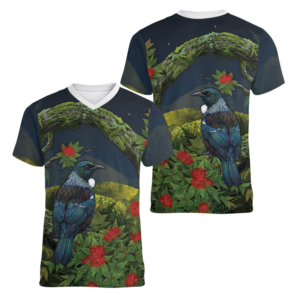 Rongoa Maori New Zealand Rata Women V-Neck T-Shirt NZ Tui Bird Forest Vibes