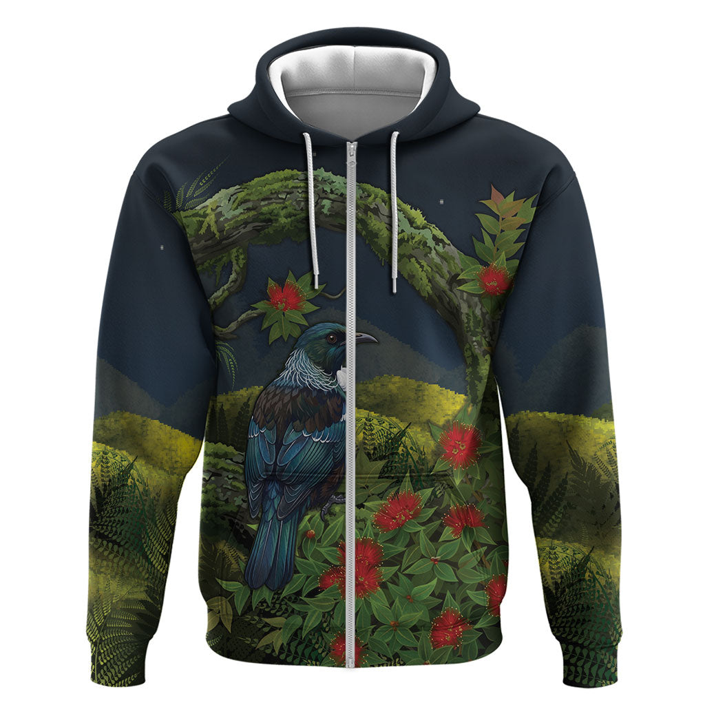 Rongoa Maori New Zealand Rata Zip Hoodie NZ Tui Bird Forest Vibes