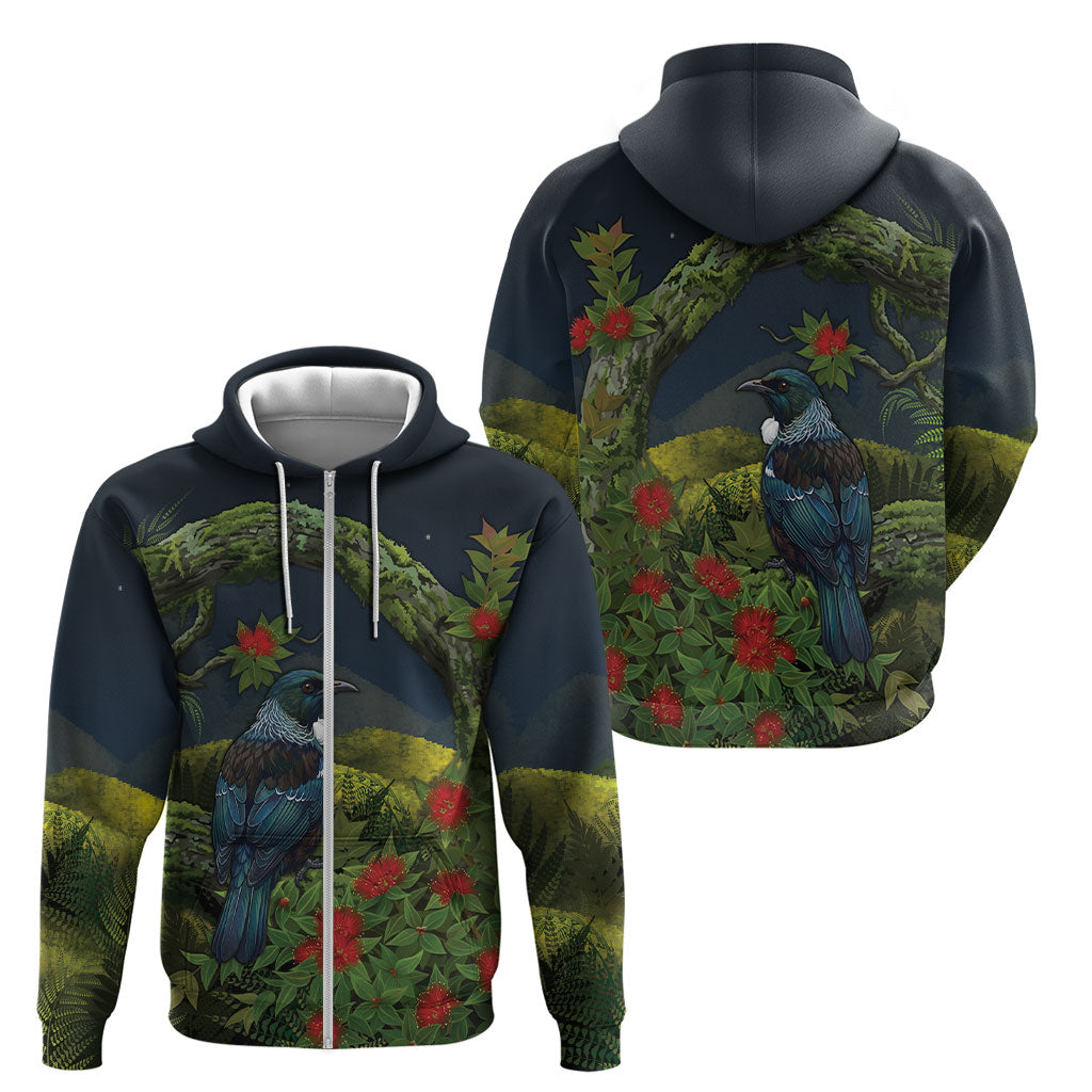 Rongoa Maori New Zealand Rata Zip Hoodie NZ Tui Bird Forest Vibes