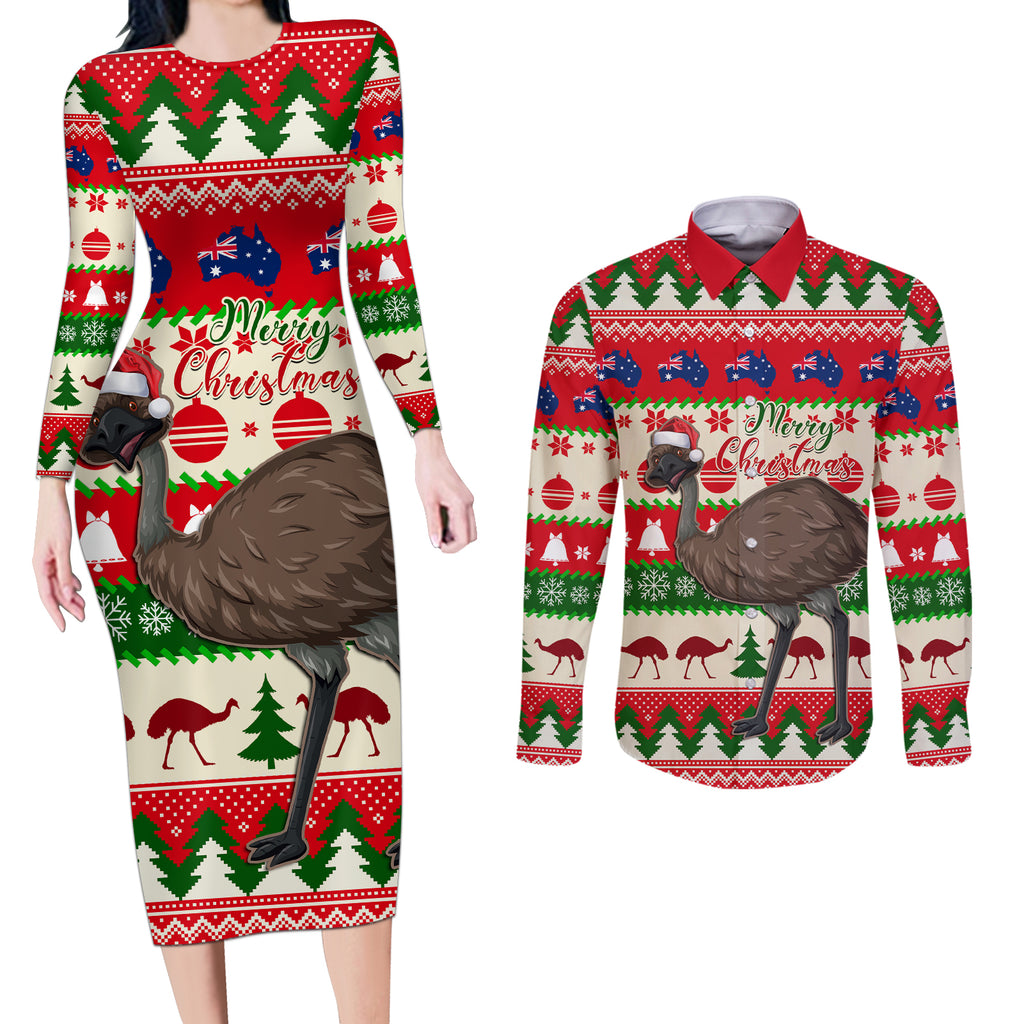 australia-christmas-couples-matching-long-sleeve-bodycon-dress-and-long-sleeve-button-shirt-aussie-emu-santa-merry-xmas