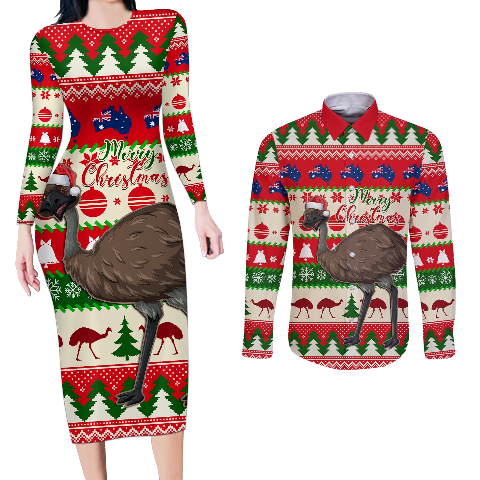 australia-christmas-couples-matching-long-sleeve-bodycon-dress-and-long-sleeve-button-shirt-aussie-emu-santa-merry-xmas