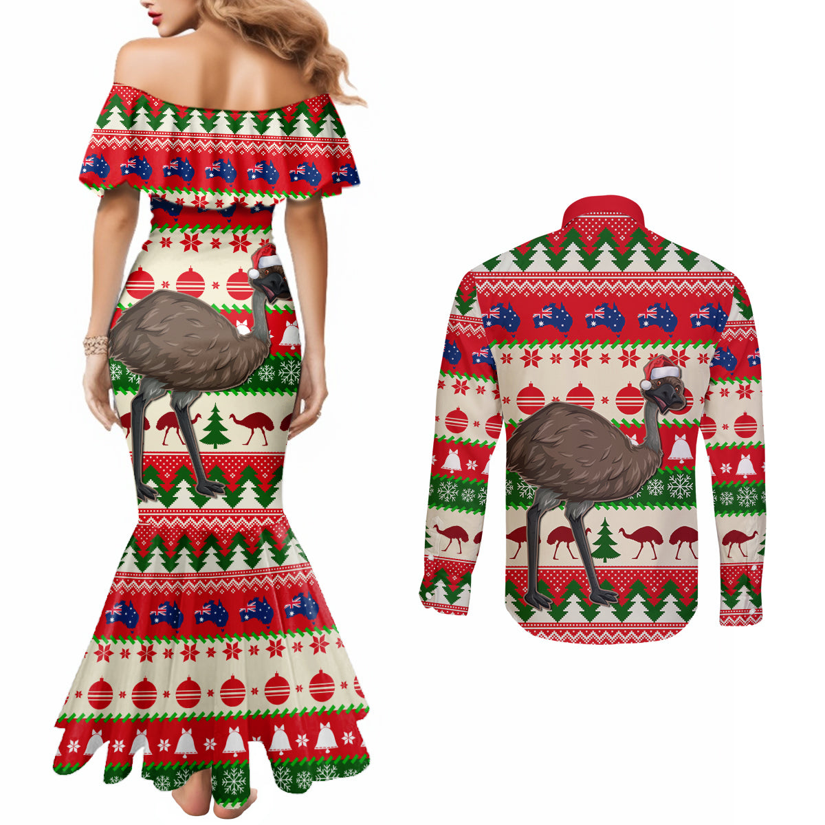 australia-christmas-couples-matching-mermaid-dress-and-long-sleeve-button-shirt-aussie-emu-santa-merry-xmas