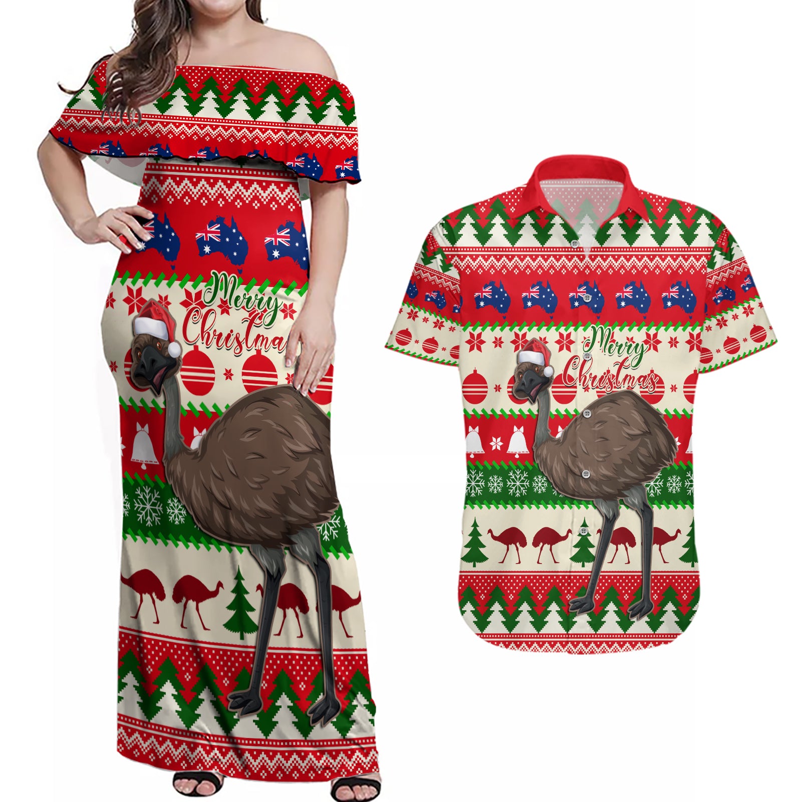 australia-christmas-couples-matching-off-shoulder-maxi-dress-and-hawaiian-shirt-aussie-emu-santa-merry-xmas