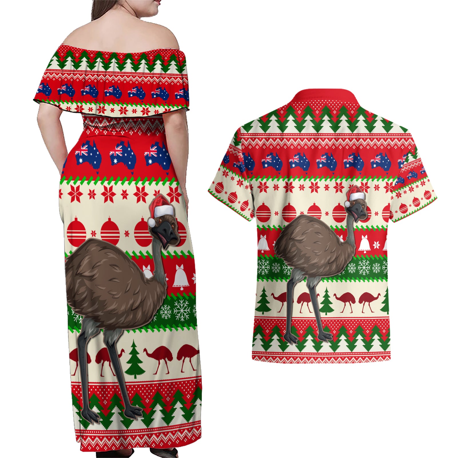 australia-christmas-couples-matching-off-shoulder-maxi-dress-and-hawaiian-shirt-aussie-emu-santa-merry-xmas