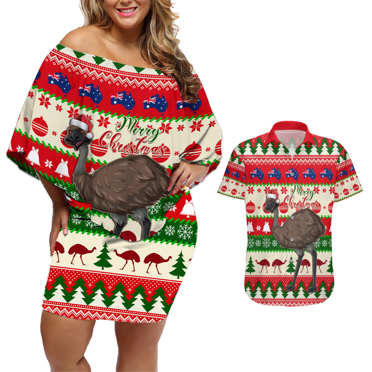 australia-christmas-couples-matching-off-shoulder-short-dress-and-hawaiian-shirt-aussie-emu-santa-merry-xmas