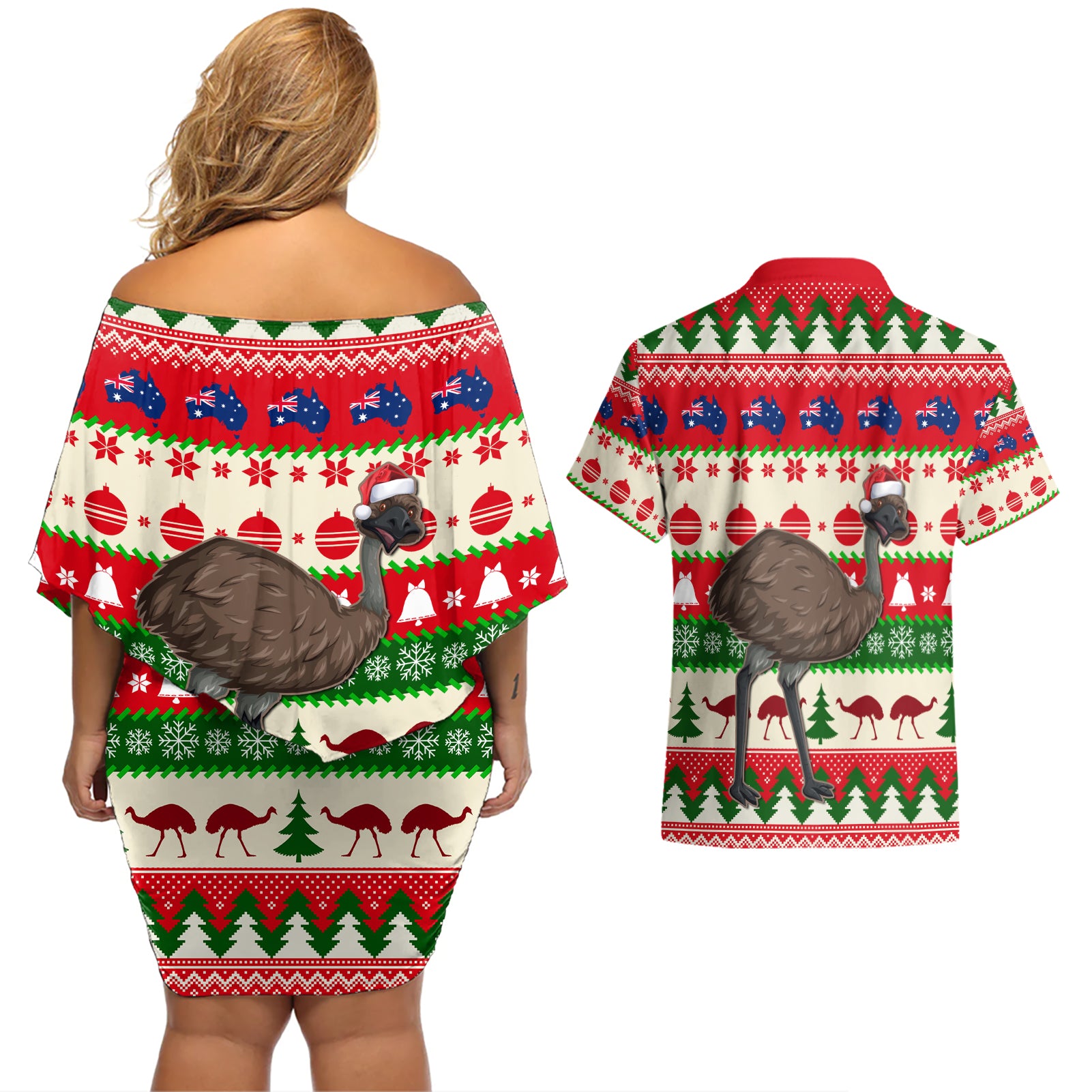 australia-christmas-couples-matching-off-shoulder-short-dress-and-hawaiian-shirt-aussie-emu-santa-merry-xmas