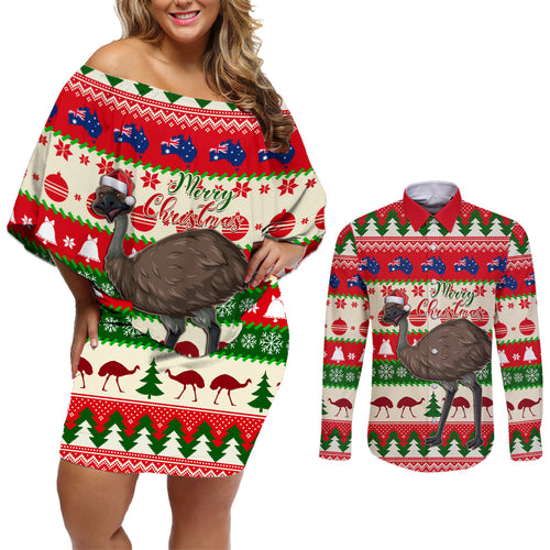 australia-christmas-couples-matching-off-shoulder-short-dress-and-long-sleeve-button-shirt-aussie-emu-santa-merry-xmas