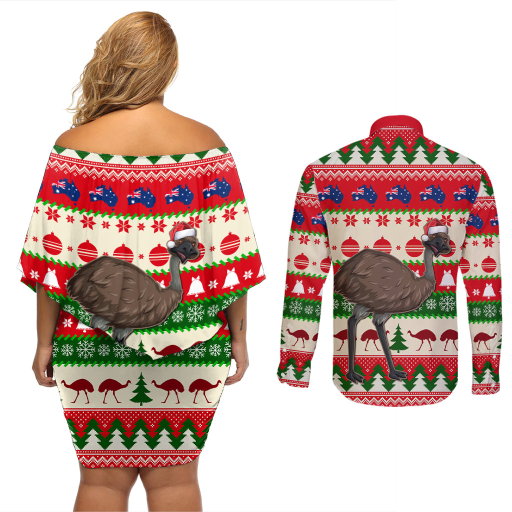 australia-christmas-couples-matching-off-shoulder-short-dress-and-long-sleeve-button-shirt-aussie-emu-santa-merry-xmas