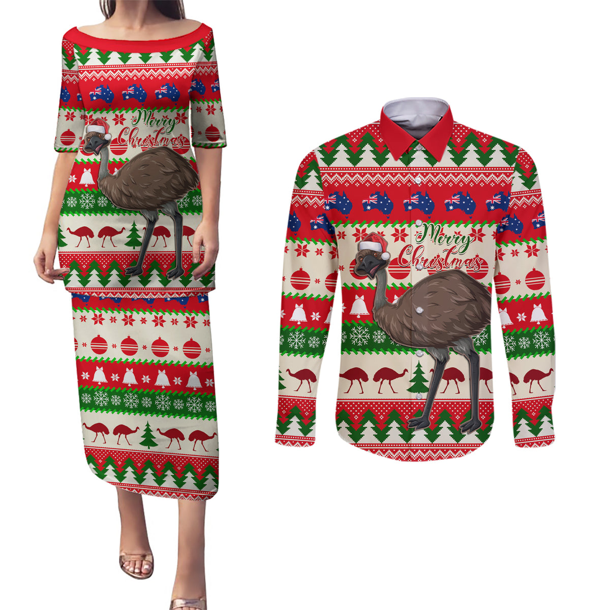australia-christmas-couples-matching-puletasi-dress-and-long-sleeve-button-shirt-aussie-emu-santa-merry-xmas