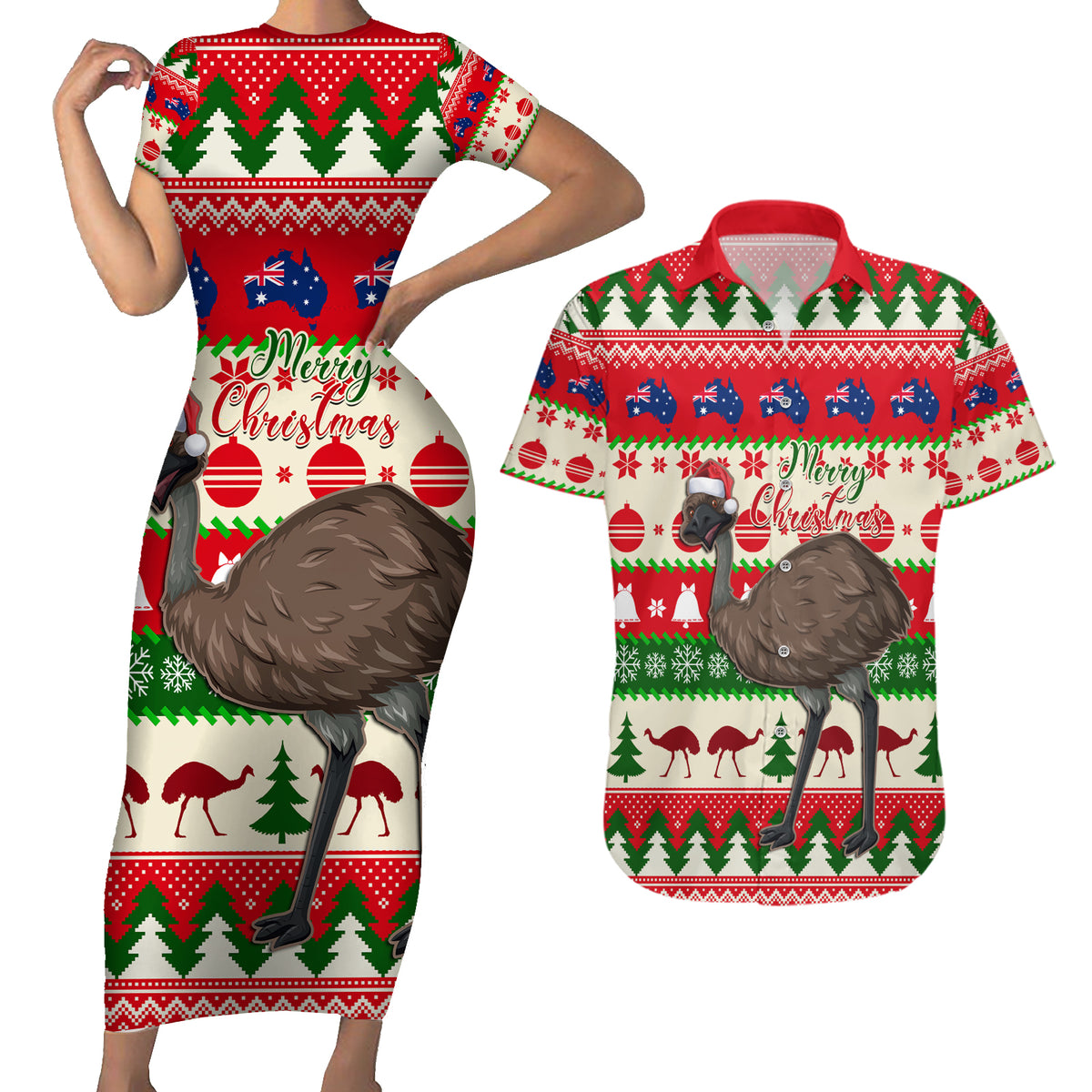 australia-christmas-couples-matching-short-sleeve-bodycon-dress-and-hawaiian-shirt-aussie-emu-santa-merry-xmas