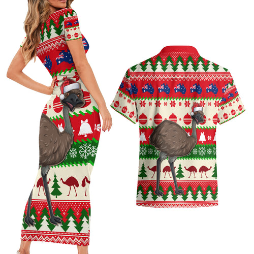 australia-christmas-couples-matching-short-sleeve-bodycon-dress-and-hawaiian-shirt-aussie-emu-santa-merry-xmas