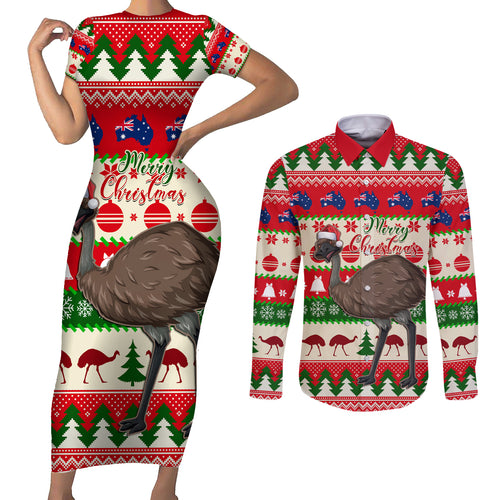 australia-christmas-couples-matching-short-sleeve-bodycon-dress-and-long-sleeve-button-shirt-aussie-emu-santa-merry-xmas
