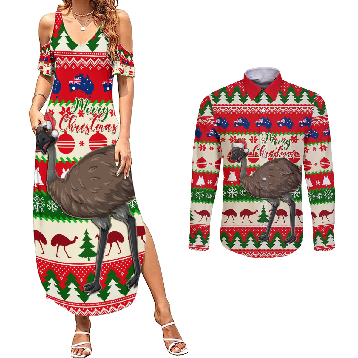 australia-christmas-couples-matching-summer-maxi-dress-and-long-sleeve-button-shirt-aussie-emu-santa-merry-xmas