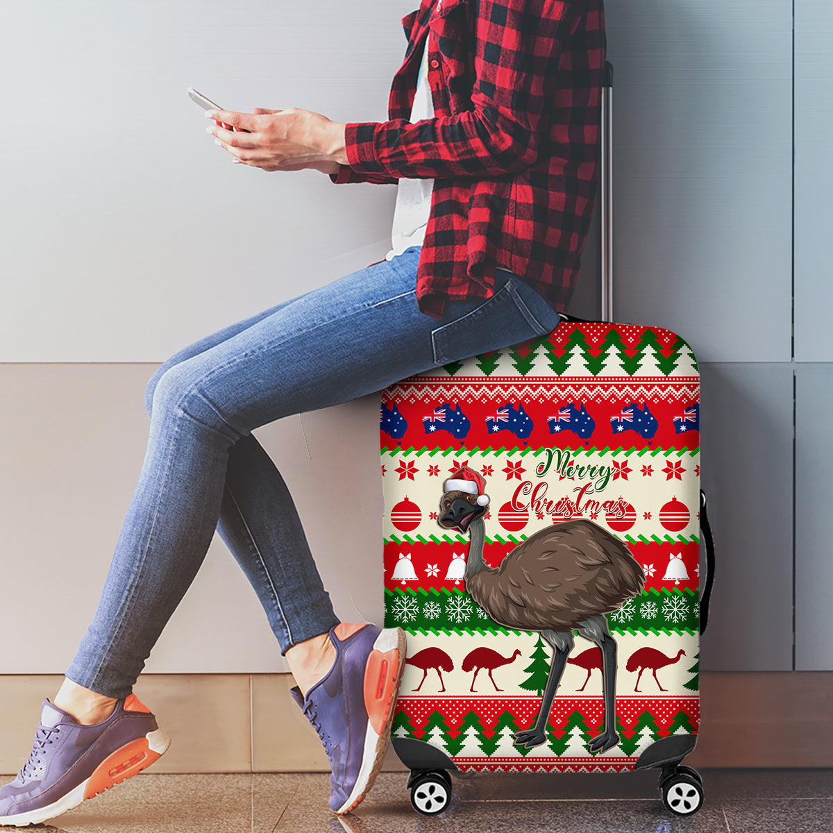 australia-christmas-luggage-cover-aussie-emu-santa-merry-xmas