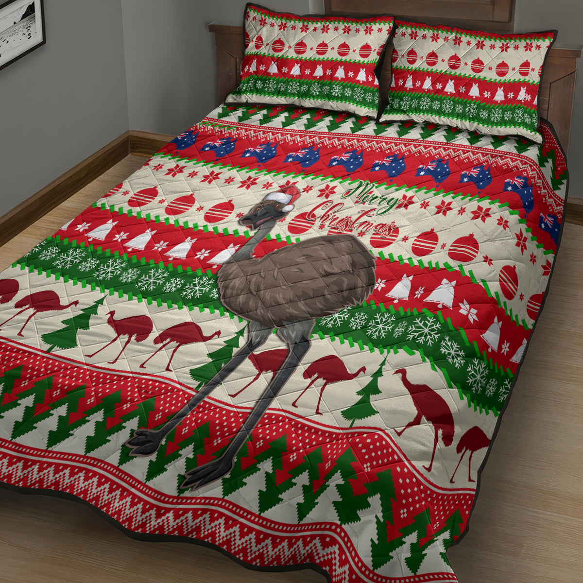 australia-christmas-quilt-bed-set-aussie-emu-santa-merry-xmas