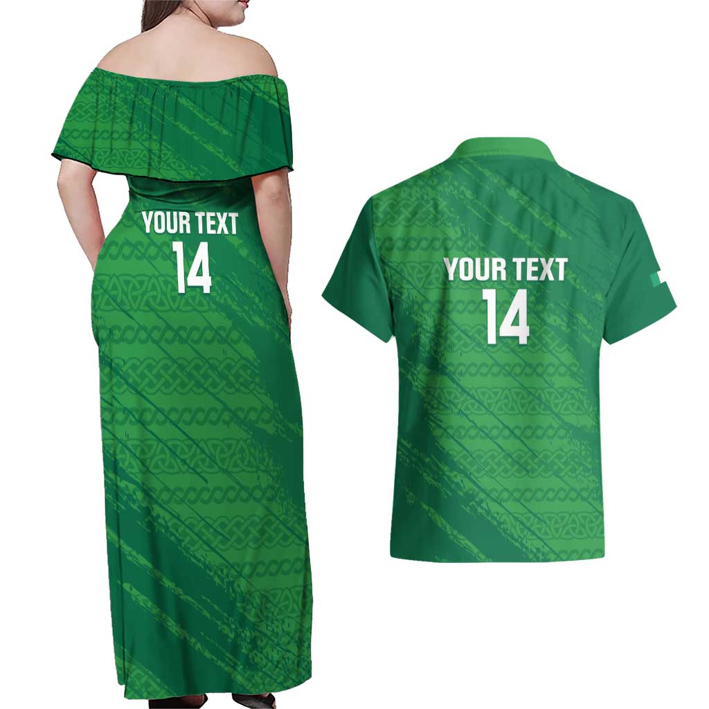 Custom Ireland Cricket Couples Matching Off Shoulder Maxi Dress and Hawaiian Shirt Irish Celtic Knot - National Color