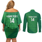 Custom Ireland Cricket Couples Matching Off Shoulder Short Dress and Long Sleeve Button Shirt Irish Celtic Knot - National Color