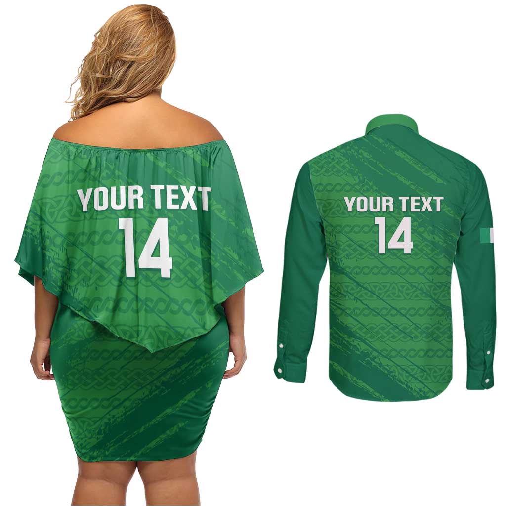 Custom Ireland Cricket Couples Matching Off Shoulder Short Dress and Long Sleeve Button Shirt Irish Celtic Knot - National Color