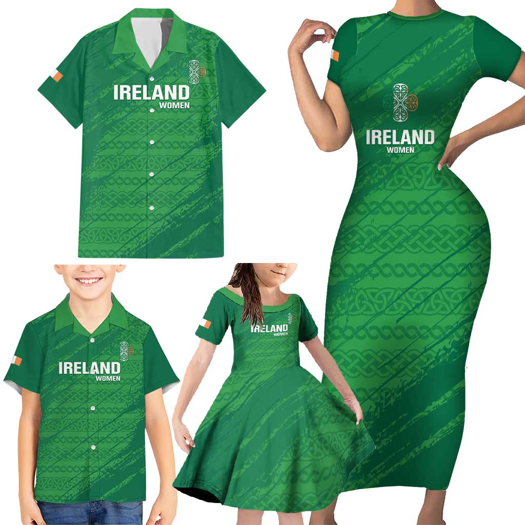 Custom Ireland Cricket Family Matching Short Sleeve Bodycon Dress and Hawaiian Shirt Irish Celtic Knot - National Color