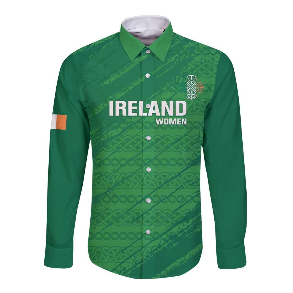 Custom Ireland Cricket Long Sleeve Button Shirt Irish Celtic Knot - National Color