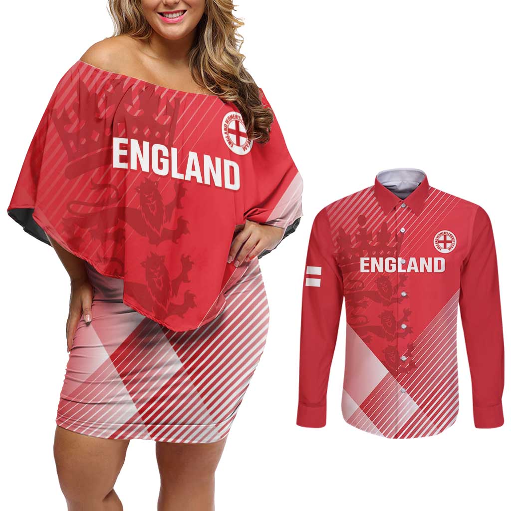 Custom England Cricket Couples Matching Off Shoulder Short Dress and Long Sleeve Button Shirt Go Champions Sporty Style
