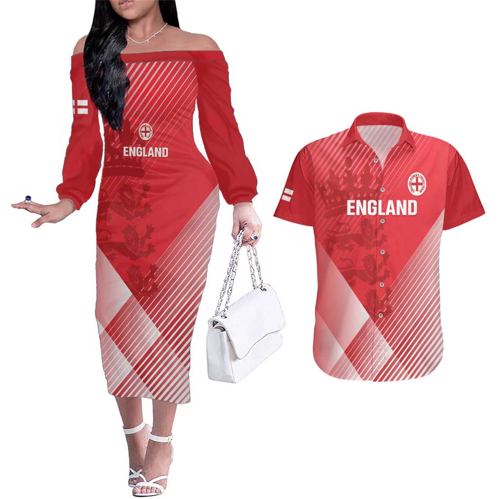 Custom England Cricket Couples Matching Off The Shoulder Long Sleeve Dress and Hawaiian Shirt Go Champions Sporty Style