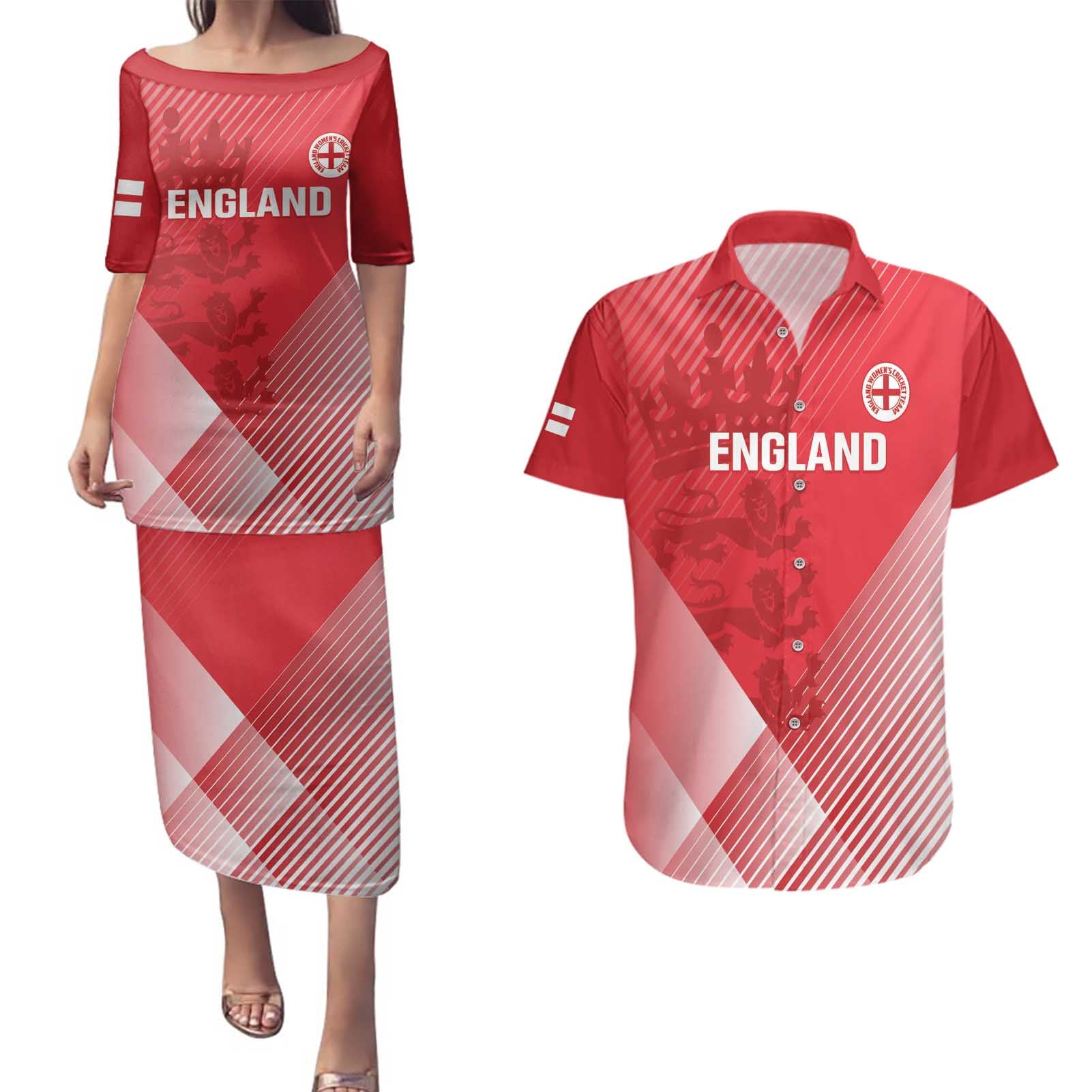 Custom England Cricket Couples Matching Puletasi and Hawaiian Shirt Go Champions Sporty Style
