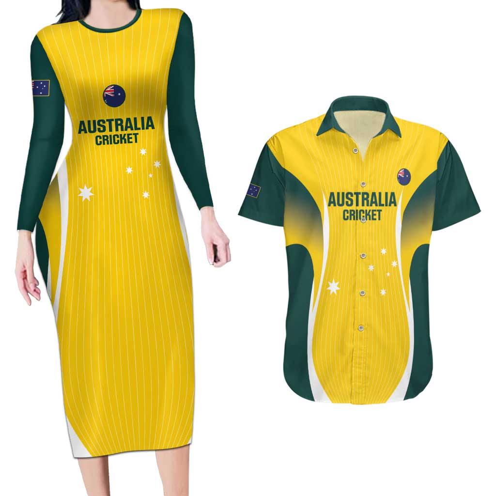 Custom Australia Cricket Couples Matching Long Sleeve Bodycon Dress and Hawaiian Shirt Go Champions Aussie