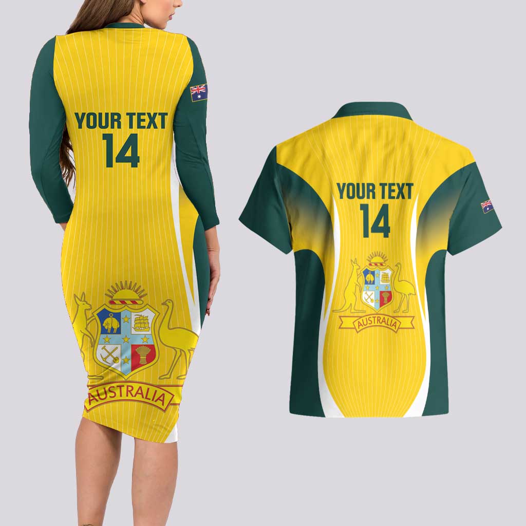 Custom Australia Cricket Couples Matching Long Sleeve Bodycon Dress and Hawaiian Shirt Go Champions Aussie