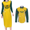 Custom Australia Cricket Couples Matching Long Sleeve Bodycon Dress and Long Sleeve Button Shirt Go Champions Aussie