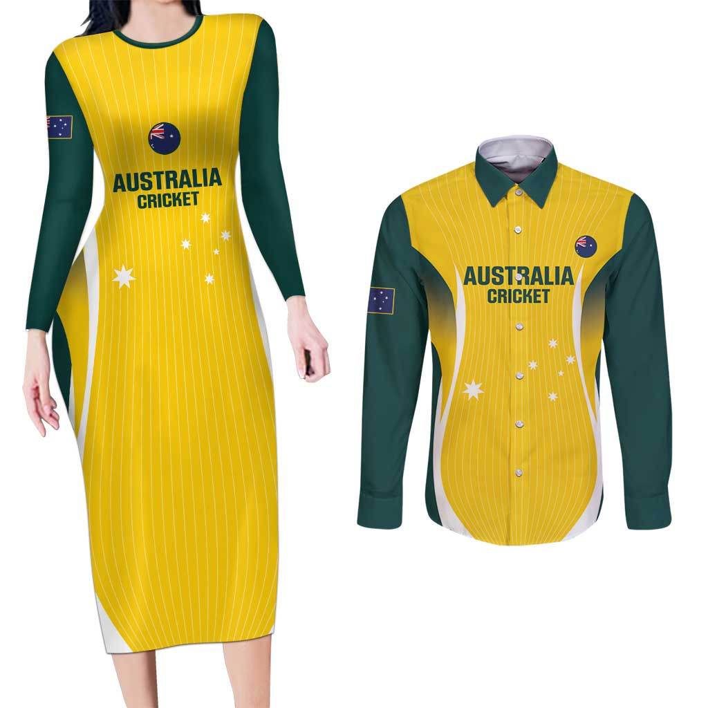 Custom Australia Cricket Couples Matching Long Sleeve Bodycon Dress and Long Sleeve Button Shirt Go Champions Aussie