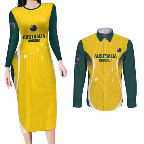 Custom Australia Cricket Couples Matching Long Sleeve Bodycon Dress and Long Sleeve Button Shirt Go Champions Aussie