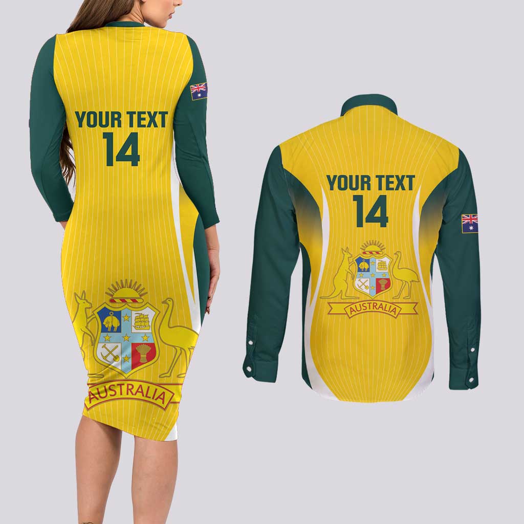 Custom Australia Cricket Couples Matching Long Sleeve Bodycon Dress and Long Sleeve Button Shirt Go Champions Aussie