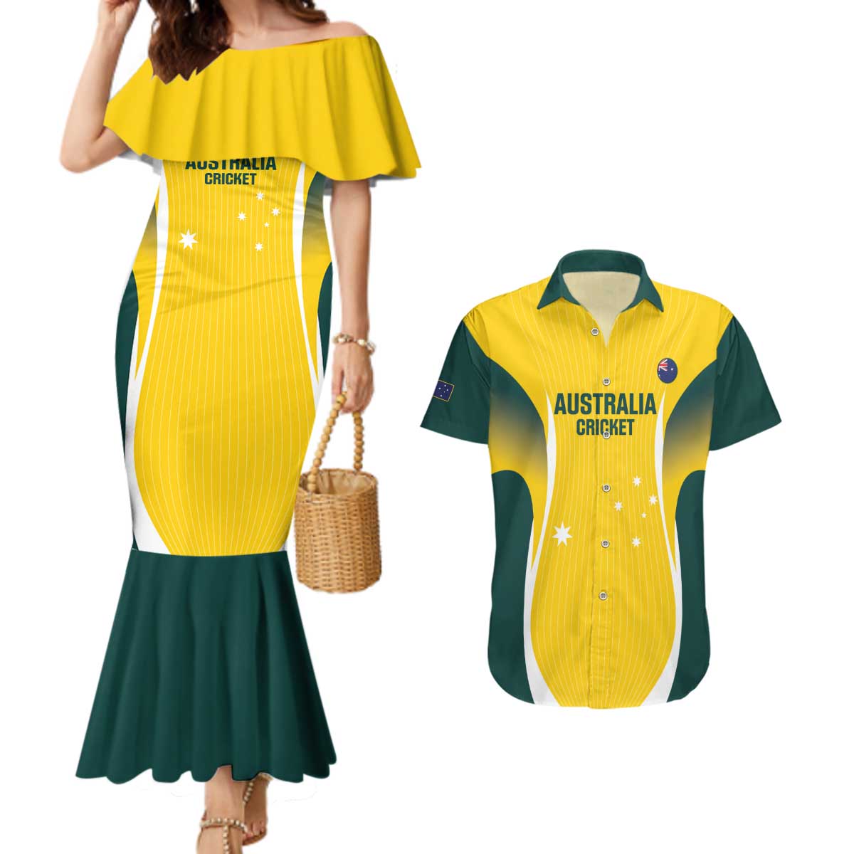 Custom Australia Cricket Couples Matching Mermaid Dress and Hawaiian Shirt Go Champions Aussie