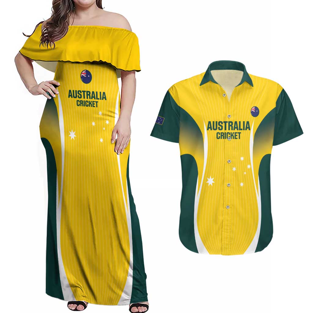 Custom Australia Cricket Couples Matching Off Shoulder Maxi Dress and Hawaiian Shirt Go Champions Aussie