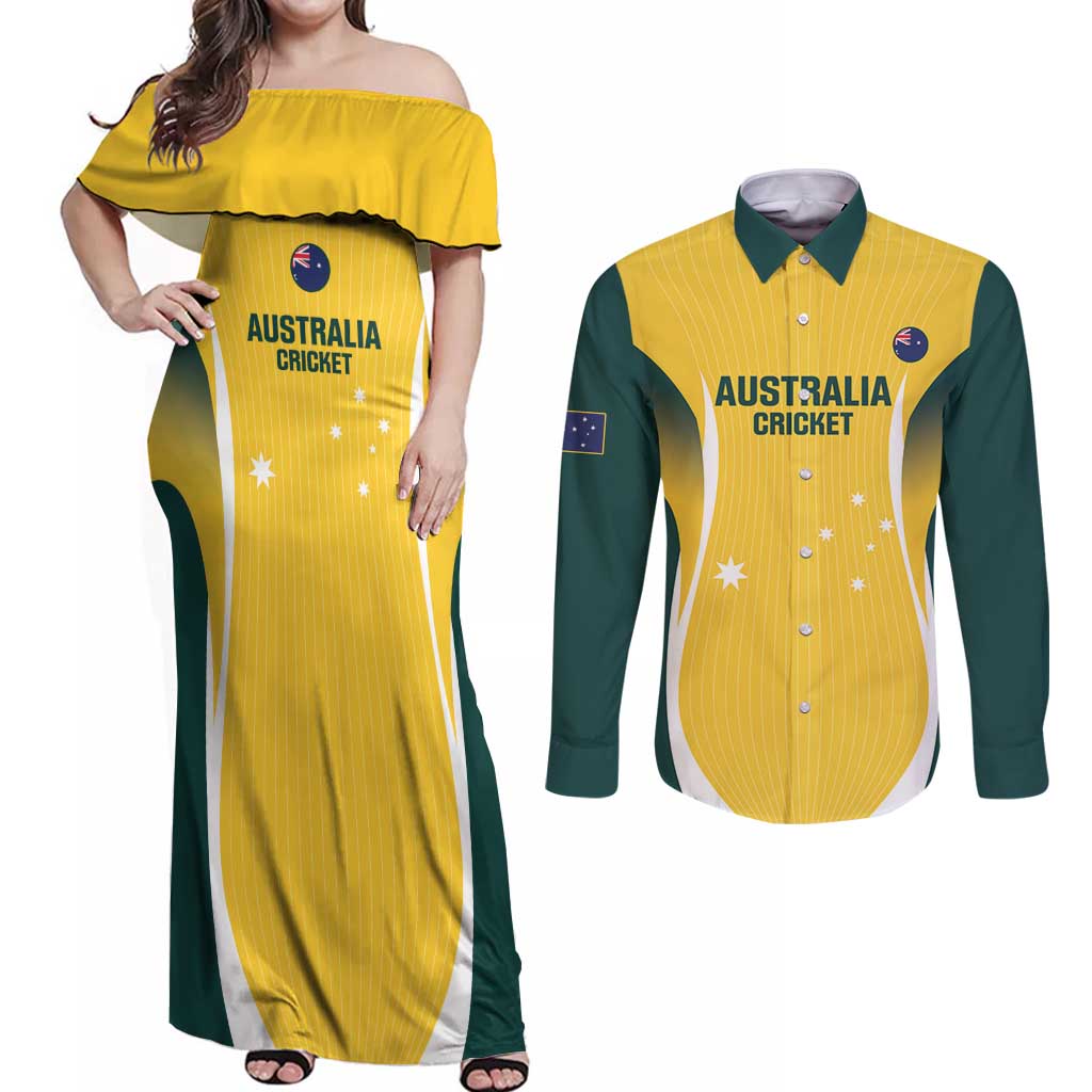 Custom Australia Cricket Couples Matching Off Shoulder Maxi Dress and Long Sleeve Button Shirt Go Champions Aussie