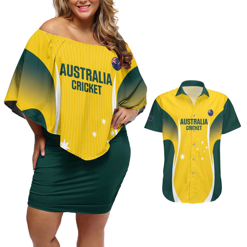Custom Australia Cricket Couples Matching Off Shoulder Short Dress and Hawaiian Shirt Go Champions Aussie