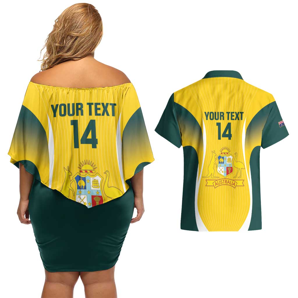 Custom Australia Cricket Couples Matching Off Shoulder Short Dress and Hawaiian Shirt Go Champions Aussie