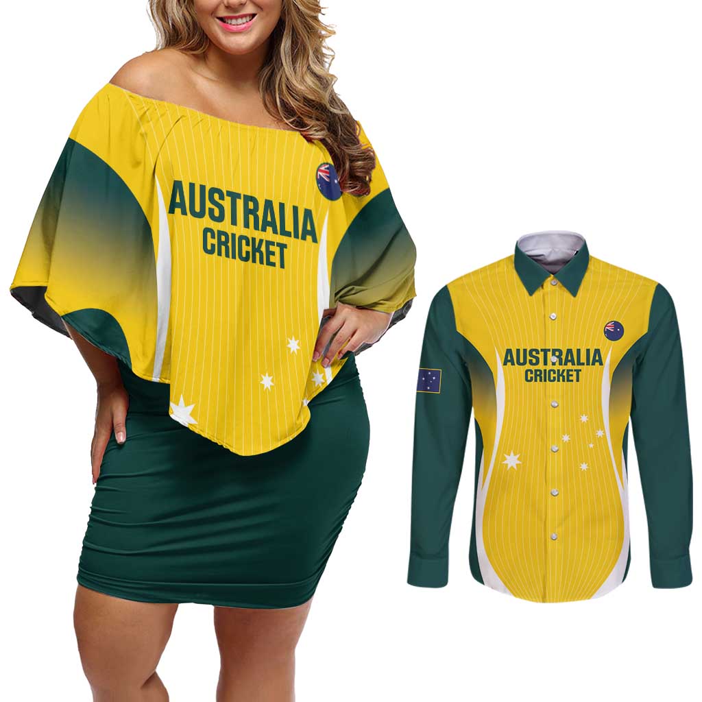 Custom Australia Cricket Couples Matching Off Shoulder Short Dress and Long Sleeve Button Shirt Go Champions Aussie