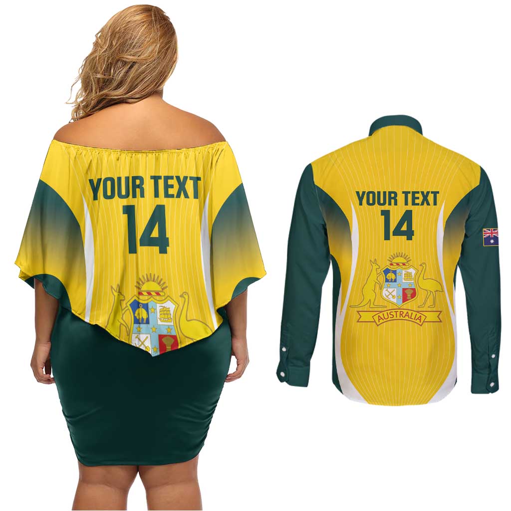 Custom Australia Cricket Couples Matching Off Shoulder Short Dress and Long Sleeve Button Shirt Go Champions Aussie