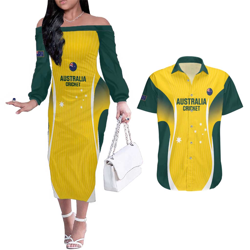 Custom Australia Cricket Couples Matching Off The Shoulder Long Sleeve Dress and Hawaiian Shirt Go Champions Aussie
