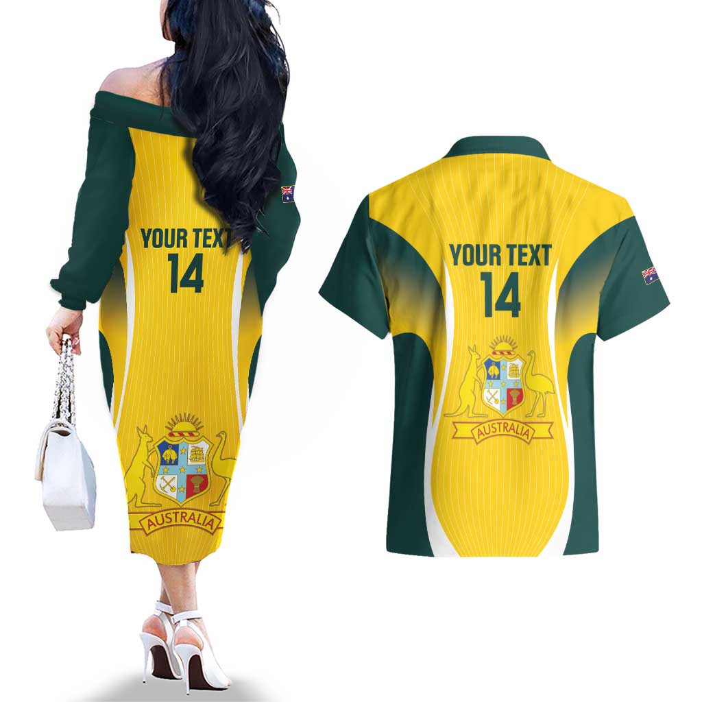 Custom Australia Cricket Couples Matching Off The Shoulder Long Sleeve Dress and Hawaiian Shirt Go Champions Aussie
