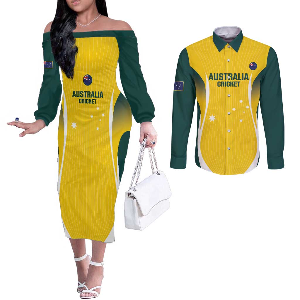 Custom Australia Cricket Couples Matching Off The Shoulder Long Sleeve Dress and Long Sleeve Button Shirt Go Champions Aussie
