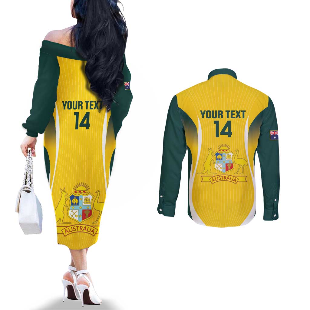 Custom Australia Cricket Couples Matching Off The Shoulder Long Sleeve Dress and Long Sleeve Button Shirt Go Champions Aussie