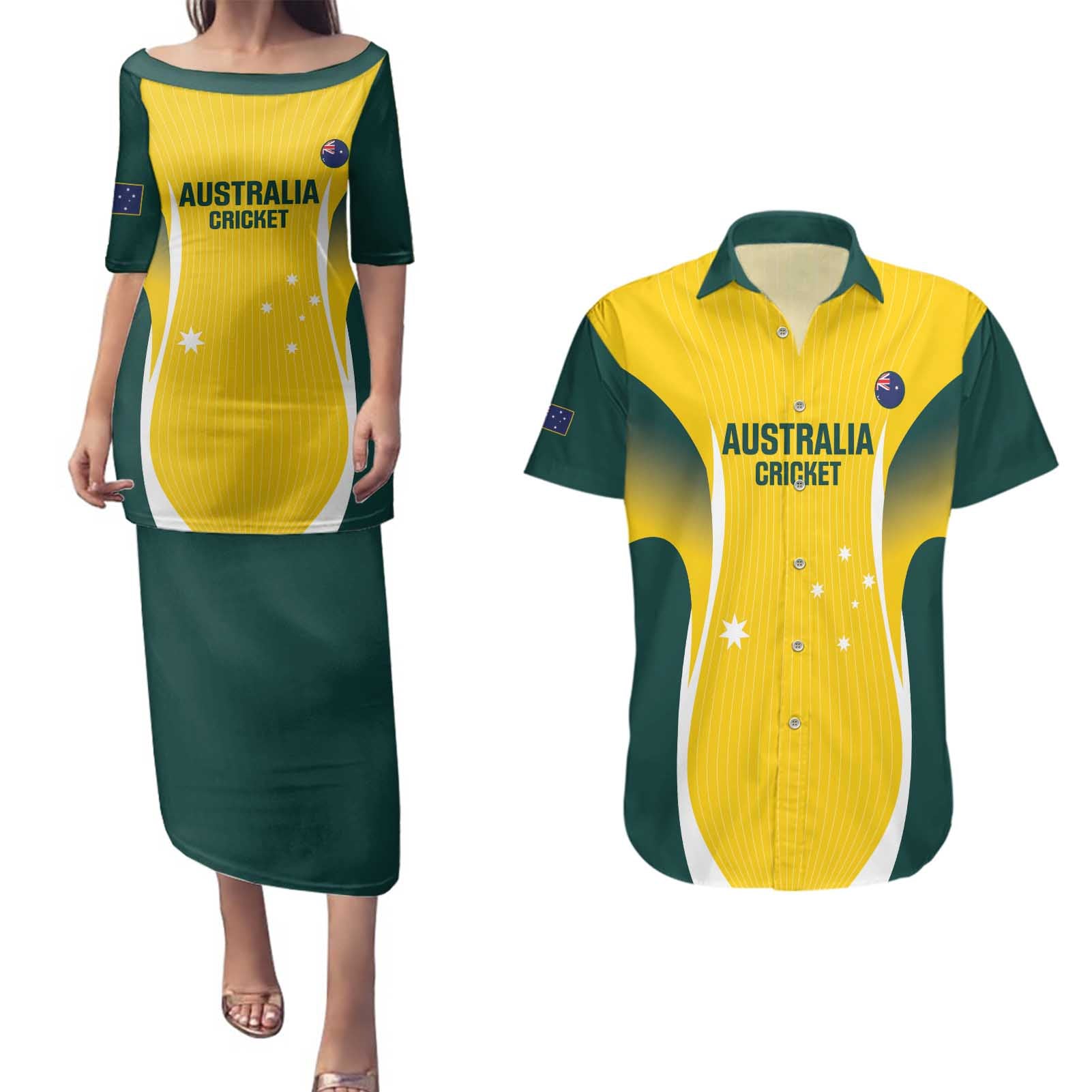 Custom Australia Cricket Couples Matching Puletasi and Hawaiian Shirt Go Champions Aussie